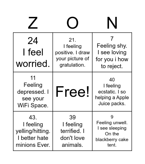 Zones of Regulation Bingo Card