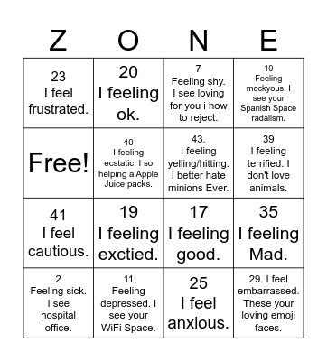 Zones of Regulation Bingo Card