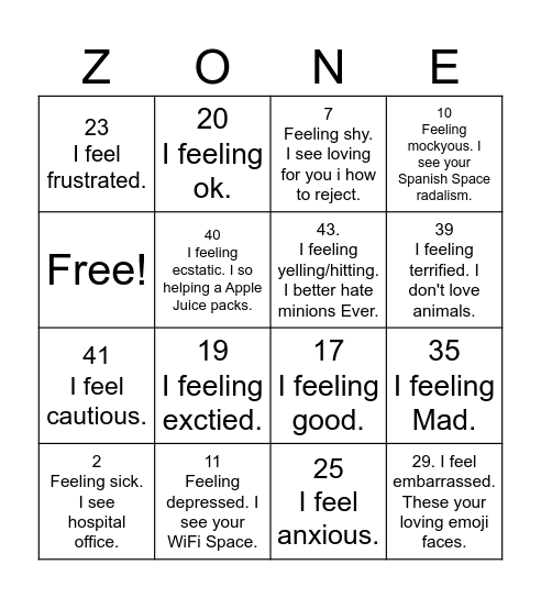 Zones of Regulation Bingo Card