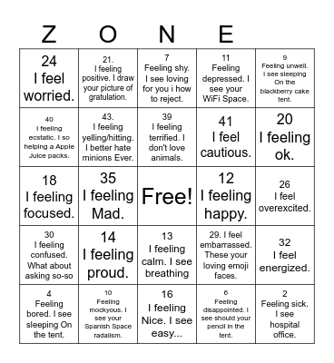 Zones of Regulation Bingo Card