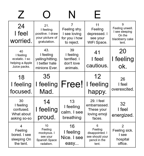 Zones of Regulation Bingo Card