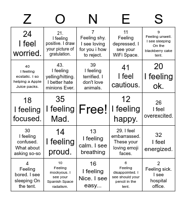 Zones of Regulation Bingo Card