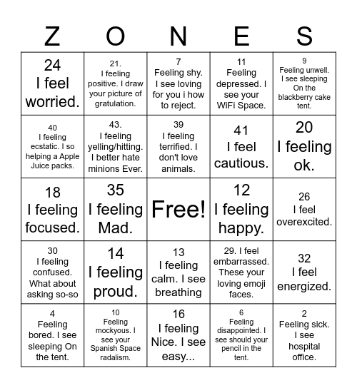 Zones of Regulation Bingo Card