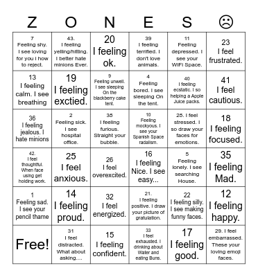 Zones of Regulation Bingo Card