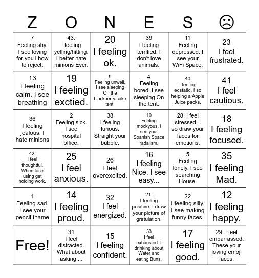 Zones of Regulation Bingo Card