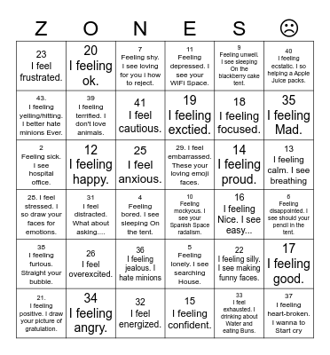 Zones of Regulation Bingo Card