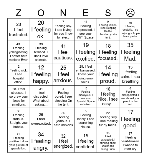 Zones of Regulation Bingo Card