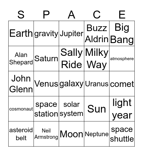 Miss Melinda's Space Case Solar System Bingo Card