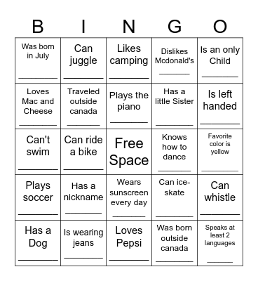 YOUTH HUMAN BINGO Card