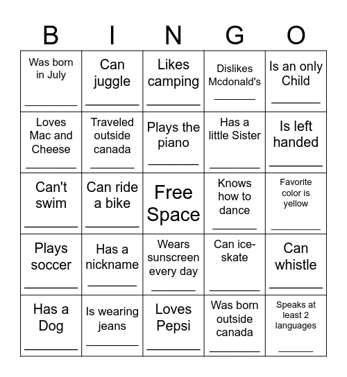 YOUTH HUMAN BINGO Card