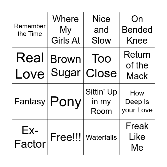 90s R&B Tunes Bingo Card