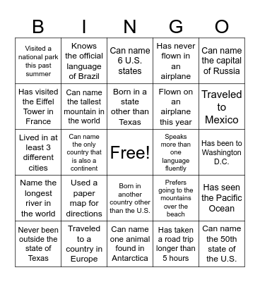 Geography "Find Someone" Bingo Card