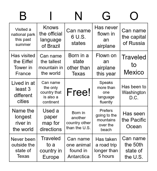 Geography "Find Someone" Bingo Card