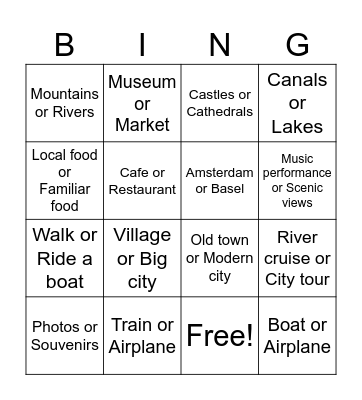European Trip Bingo Card