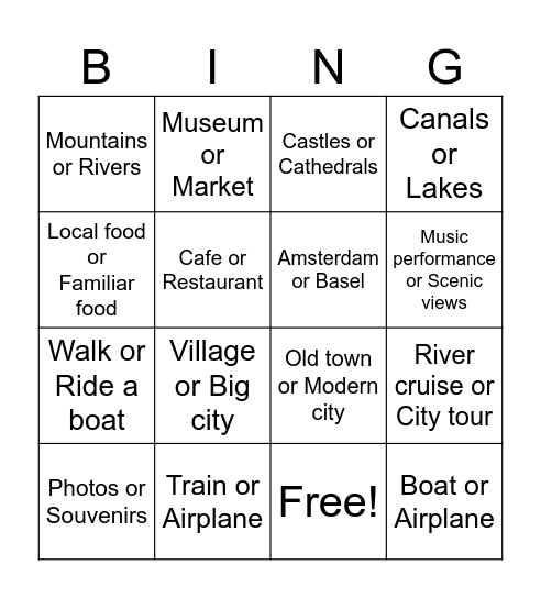 European Trip Bingo Card