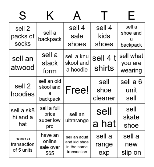 SKATE Bingo Card