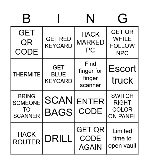 Payday 3 objective bingo Card