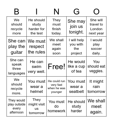 Modal verbs Bingo Card