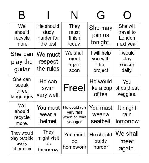 Modal verbs Bingo Card