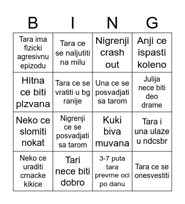 Tara i drugari bingo Card