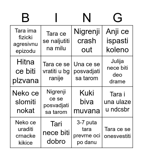 Tara i drugari bingo Card
