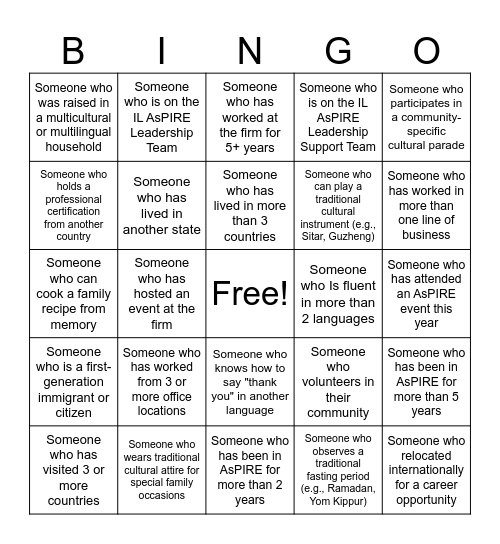 AsPIRE Members Only Bingo Card