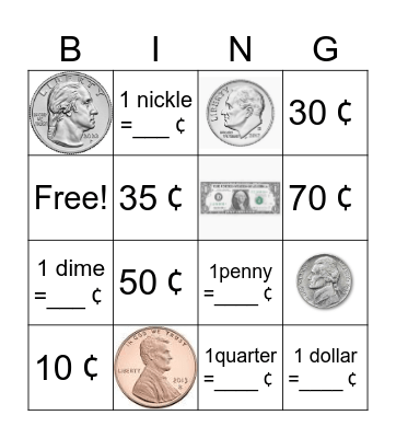 Money math game. Bingo Card