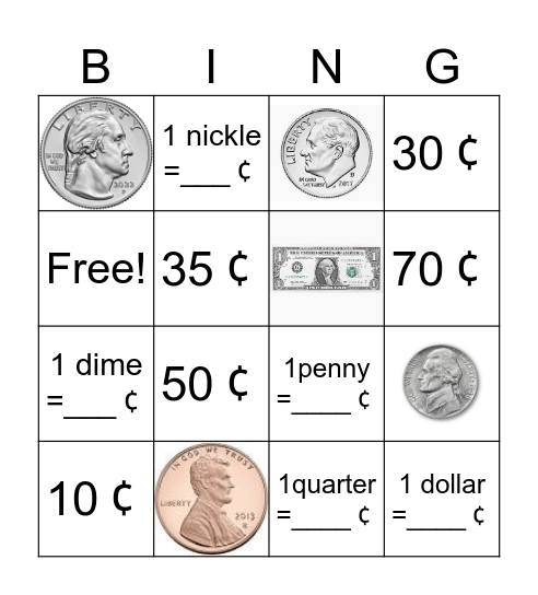 Money math game. Bingo Card