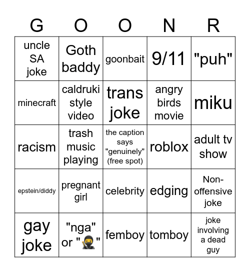 gooner bingo Card
