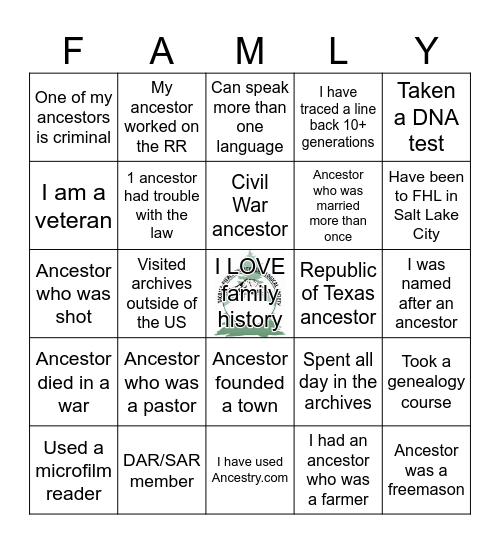 GENEALOGY BINGO Card