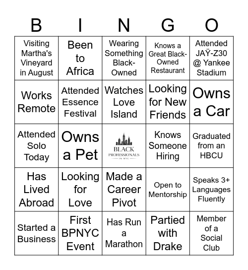 Black Professionals in NYC Connection BINGO Card