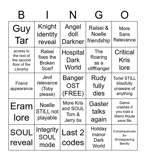 Deltarune Chapter 6 Bingo Card Bingo Card