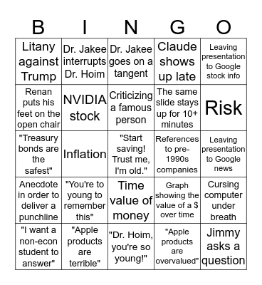 Investments Class Bingo Card