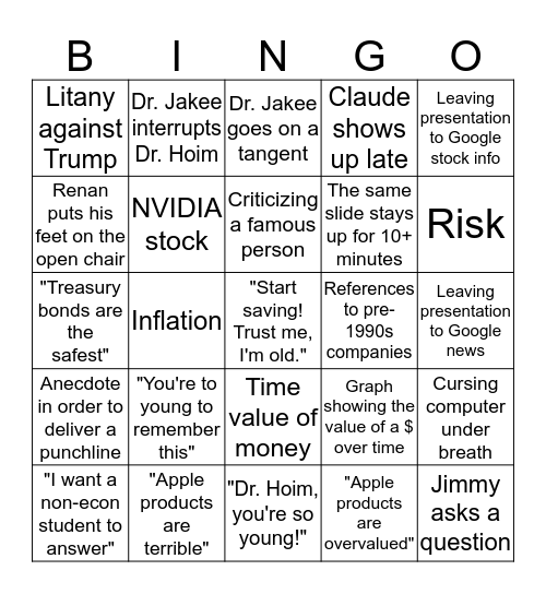 Investments Class Bingo Card