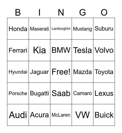 Car Brand Bingo Card