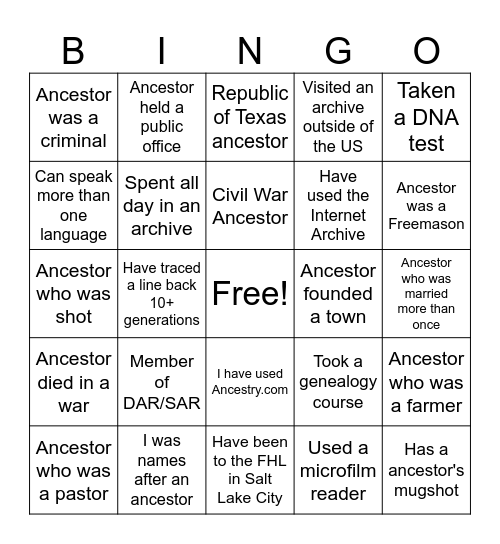 Family History BINGO! Bingo Card