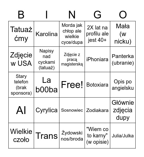 Tinder Bingo Card