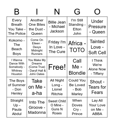 80s Summer Bingo Card