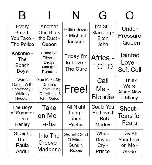 80s Summer Bingo Card