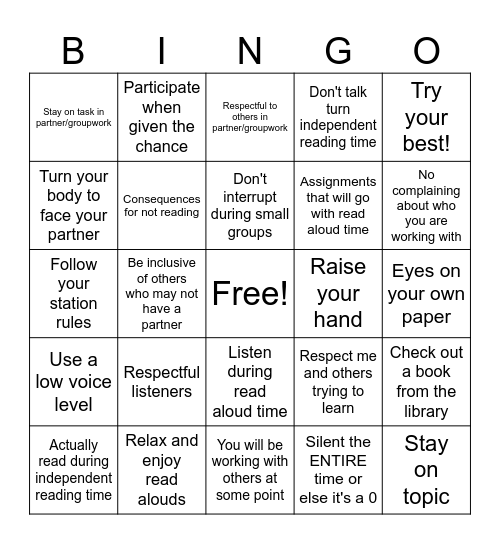 Classroom Procedures Bingo Card