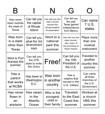 U.S. History "Find Someone" Bingo Card