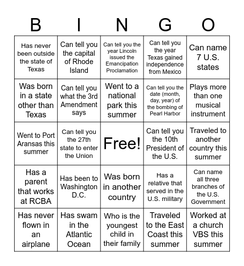U.S. History "Find Someone" Bingo Card