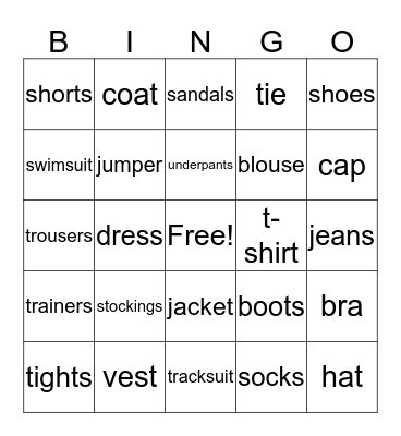 clothes Bingo Card