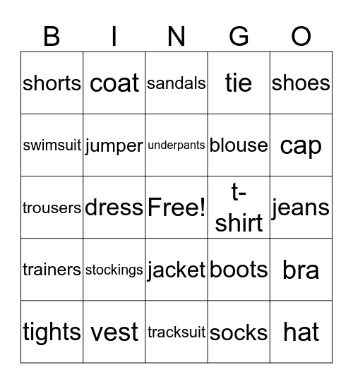 clothes Bingo Card