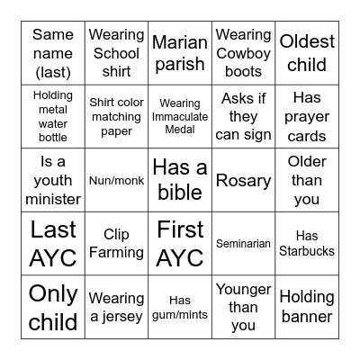 AYC Bingo Card