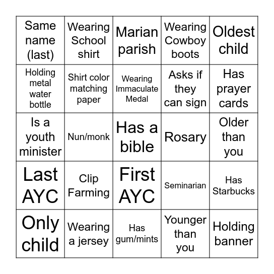 AYC Bingo Card