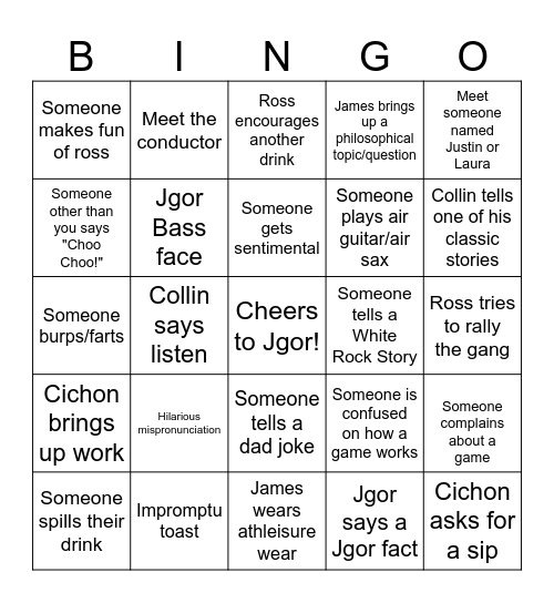 JGOR'S BACHELOR PARTY!! (Alex B. card) Bingo Card