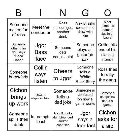 JGOR'S BACHELOR PARTY!! (James card) Bingo Card