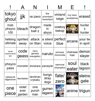 Anime bingo card Bingo Card