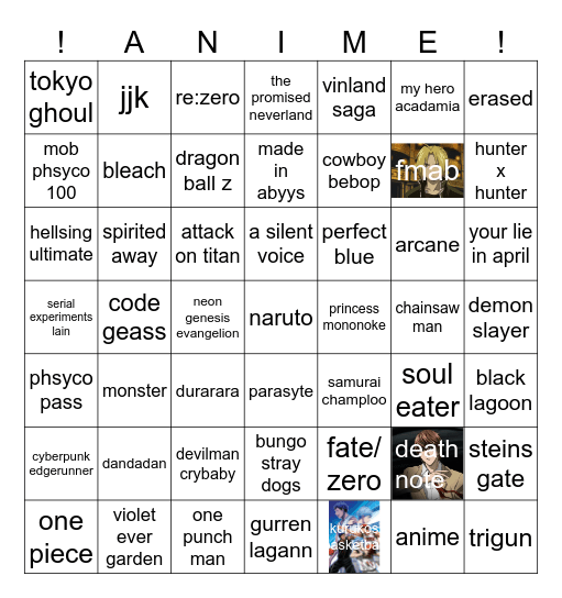 Anime bingo card Bingo Card